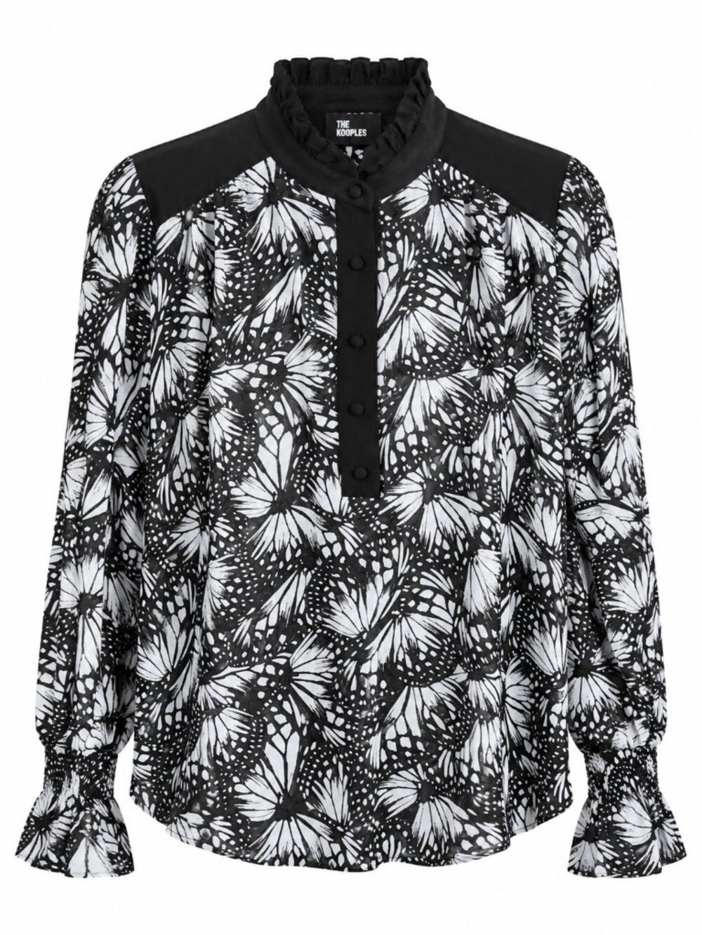 The Kooples Black & White Butterfly Print Blouse With Ruffle Collar & Button Fro